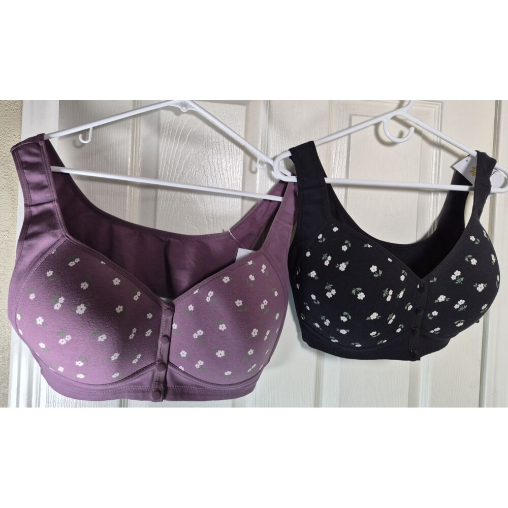Lot of 2 Daisy Bra Purple Black Size 3X Front Closure Senior Bras Wireless NWT